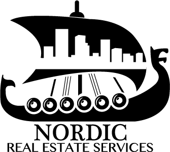 Nordic Real Estate Services logo — Viking longship with buildings