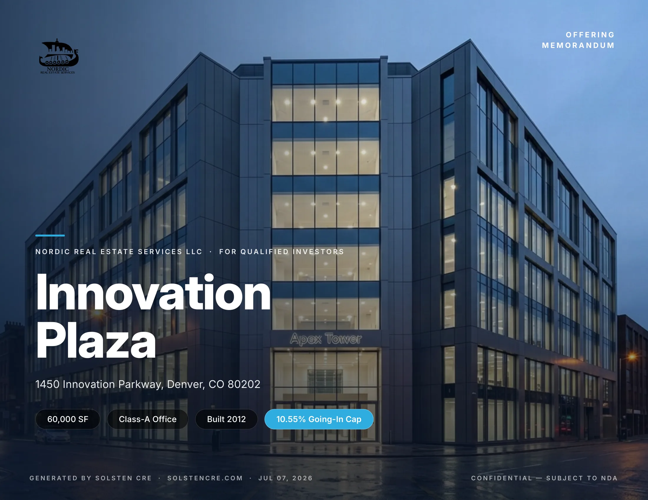 Cover page of a Solsten-generated offering memorandum for Innovation Plaza, a 60,000 SF Class-A office building in Denver with a 10.55% going-in cap rate
