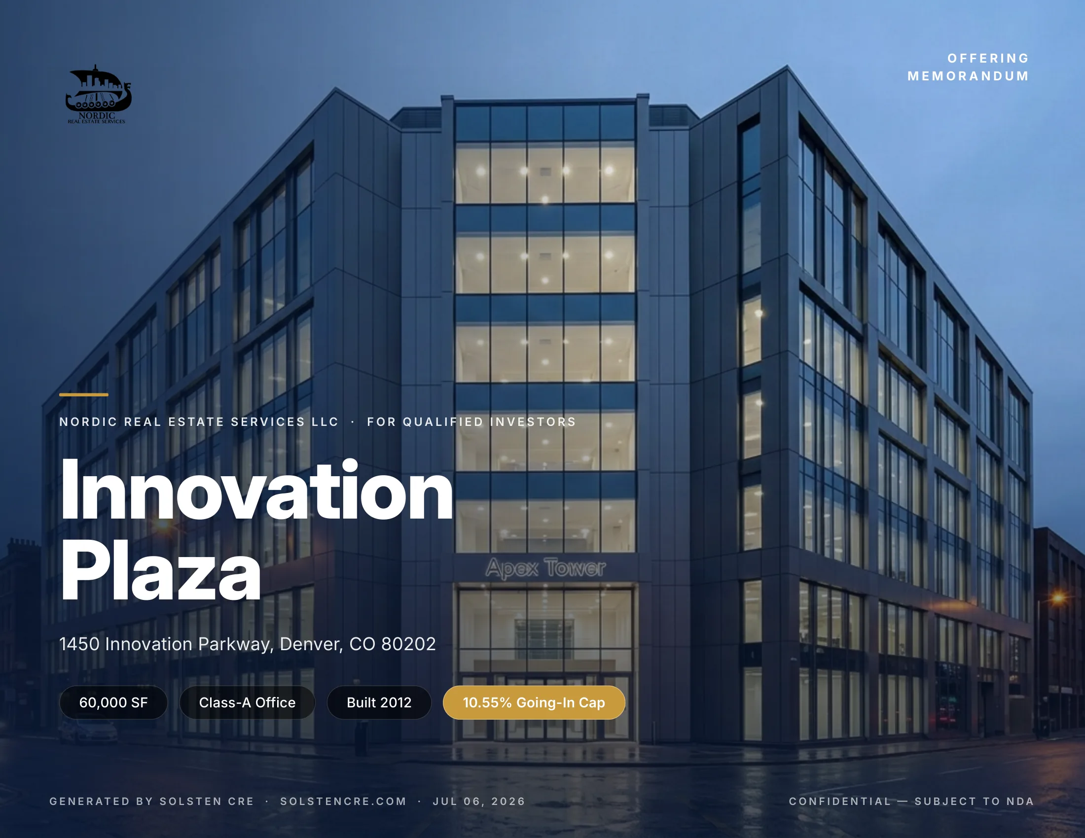 Gold theme — Innovation Plaza CRE investment packet cover, generated by Solsten CRE