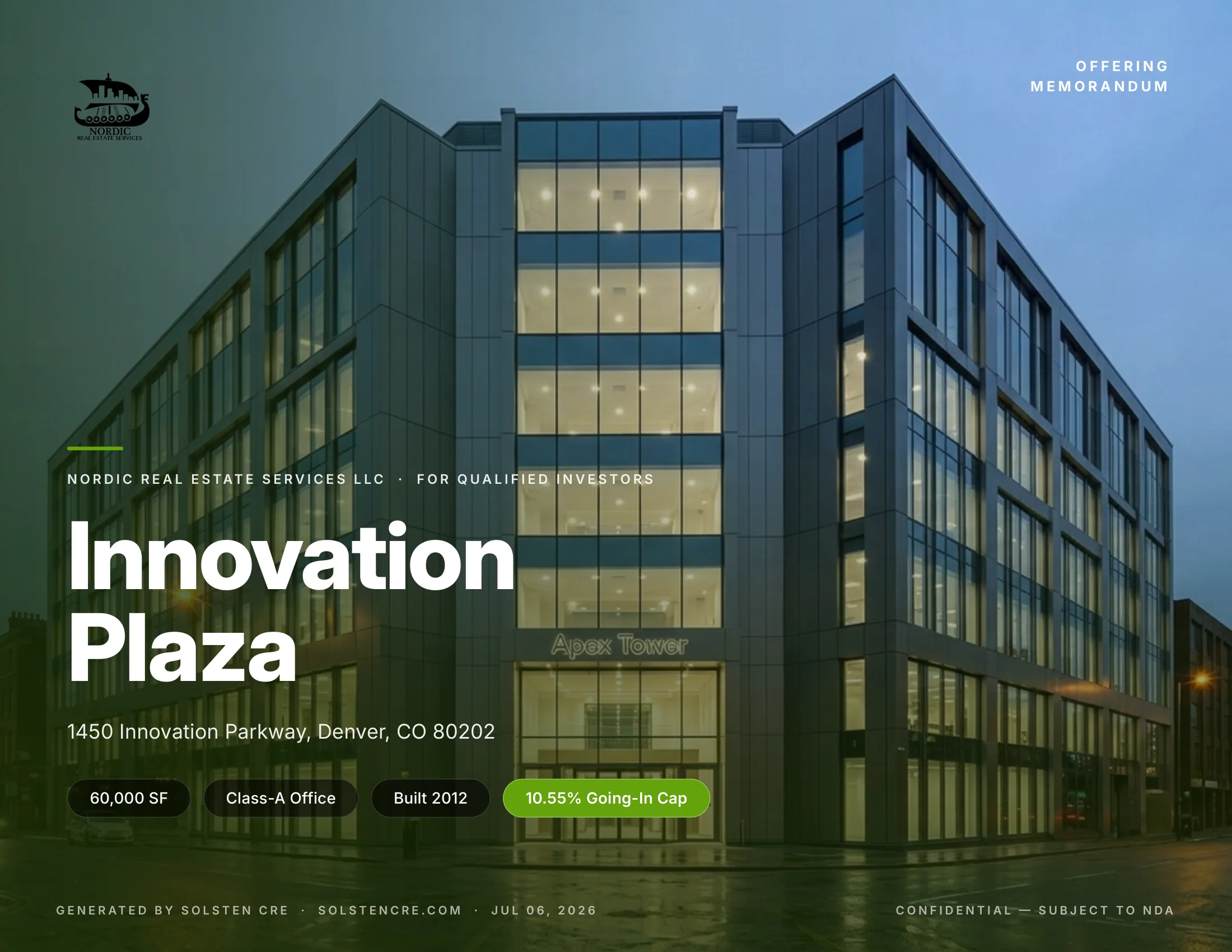 Green theme — Innovation Plaza commercial real estate deal book, generated by Solsten CRE