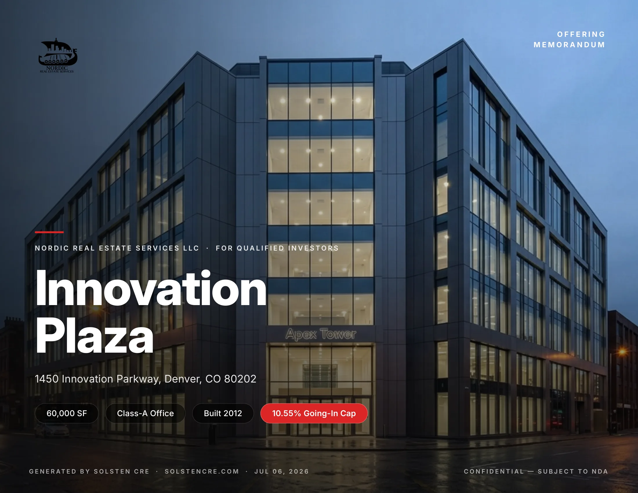 Red theme — Innovation Plaza investor package cover, generated by Solsten CRE