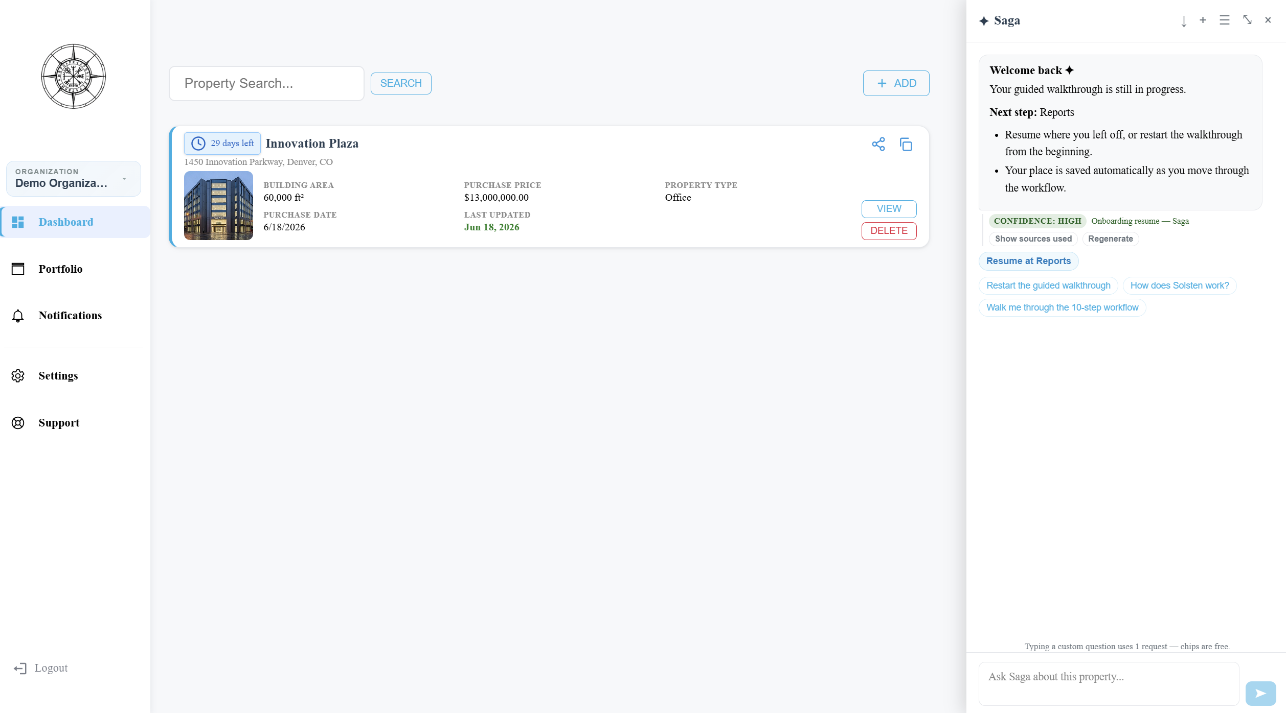 Solsten property dashboard showing multiple properties with progress tracking and status badges