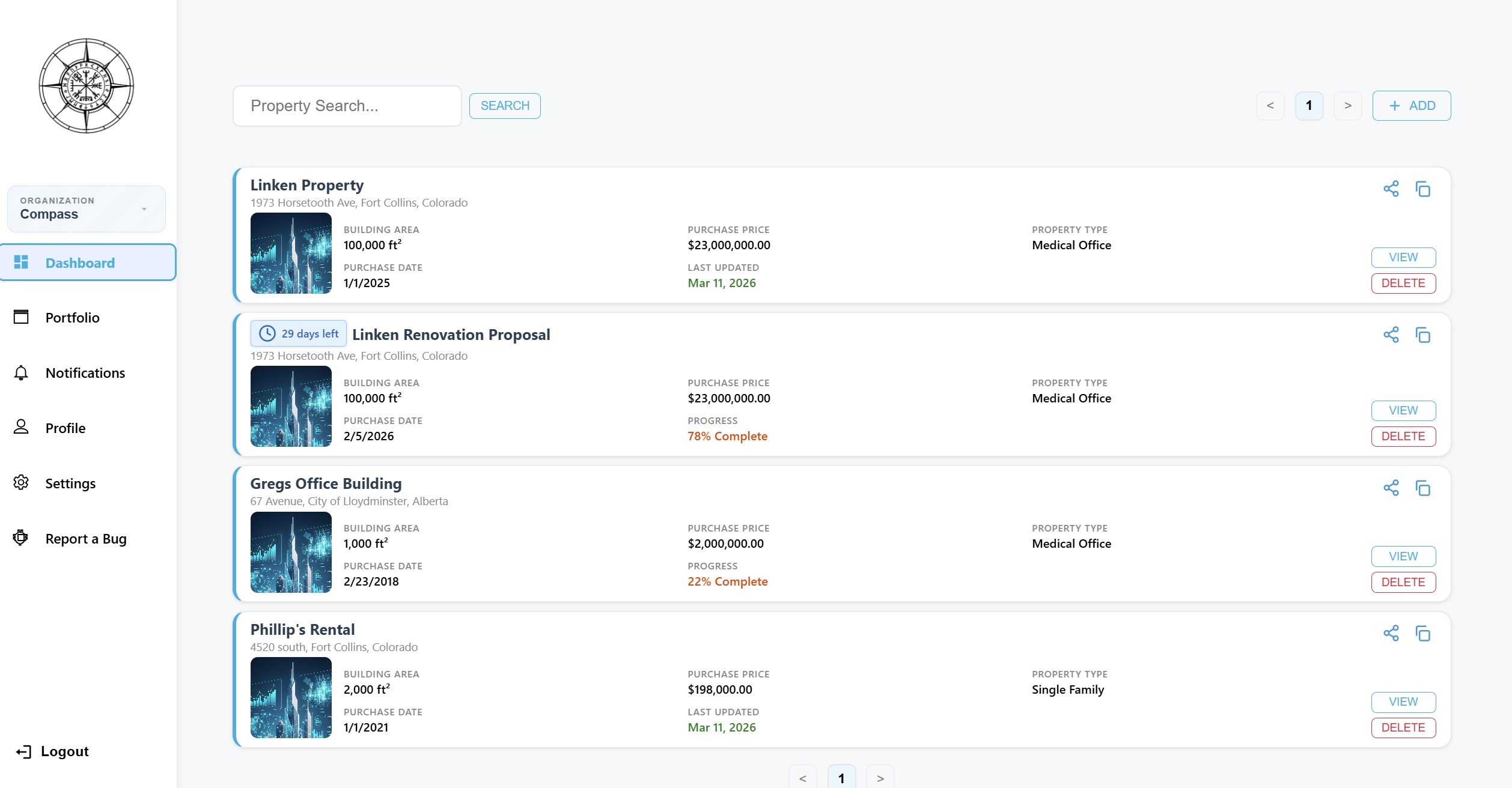 Solsten property dashboard showing multiple properties with progress tracking and status badges