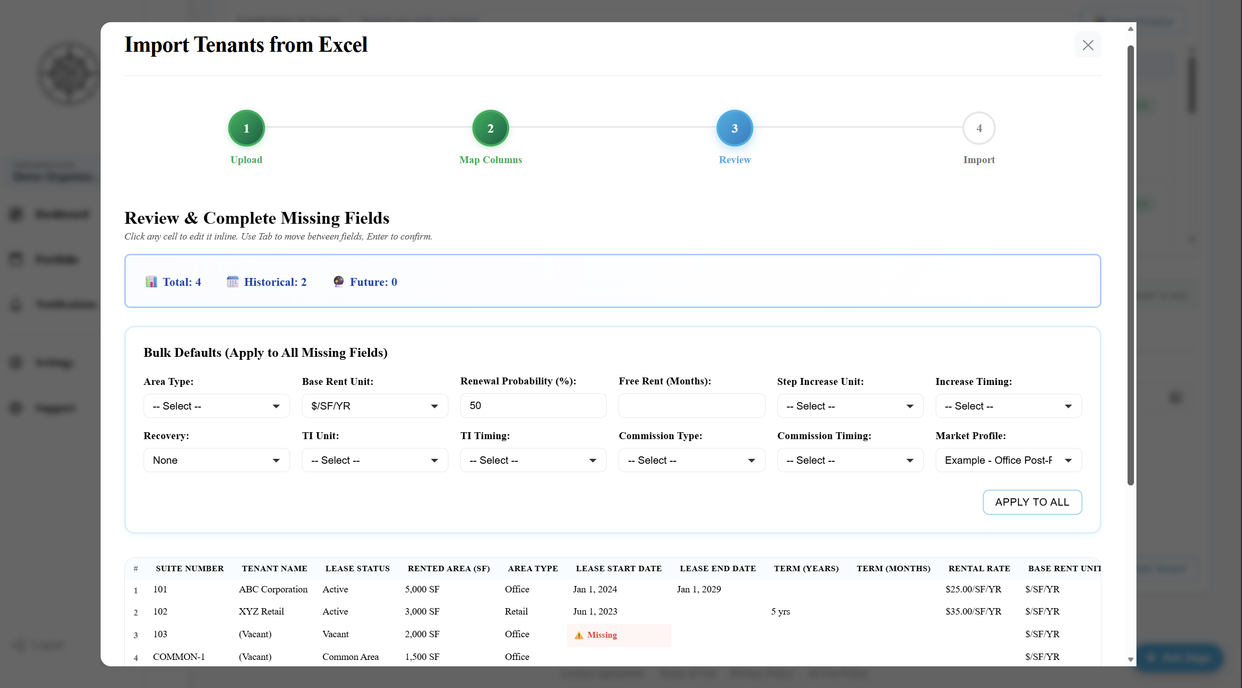 Solsten Excel Import Wizard auto-detecting expense columns, dates, and categories from a T-12 spreadsheet