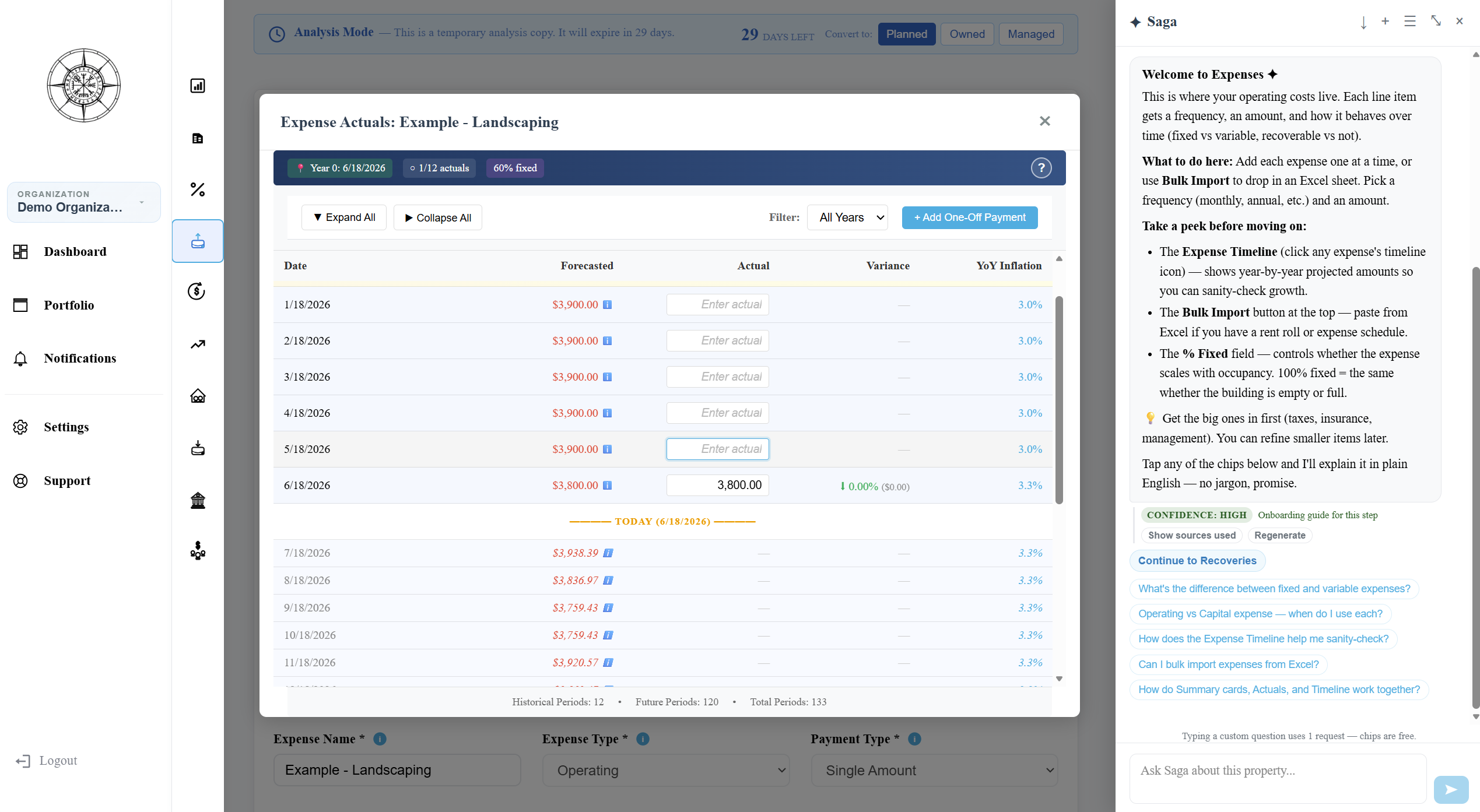 Solsten expense actuals recording interface showing projected vs actual comparison, variance tracking, and period-level performance breakdown for asset managers