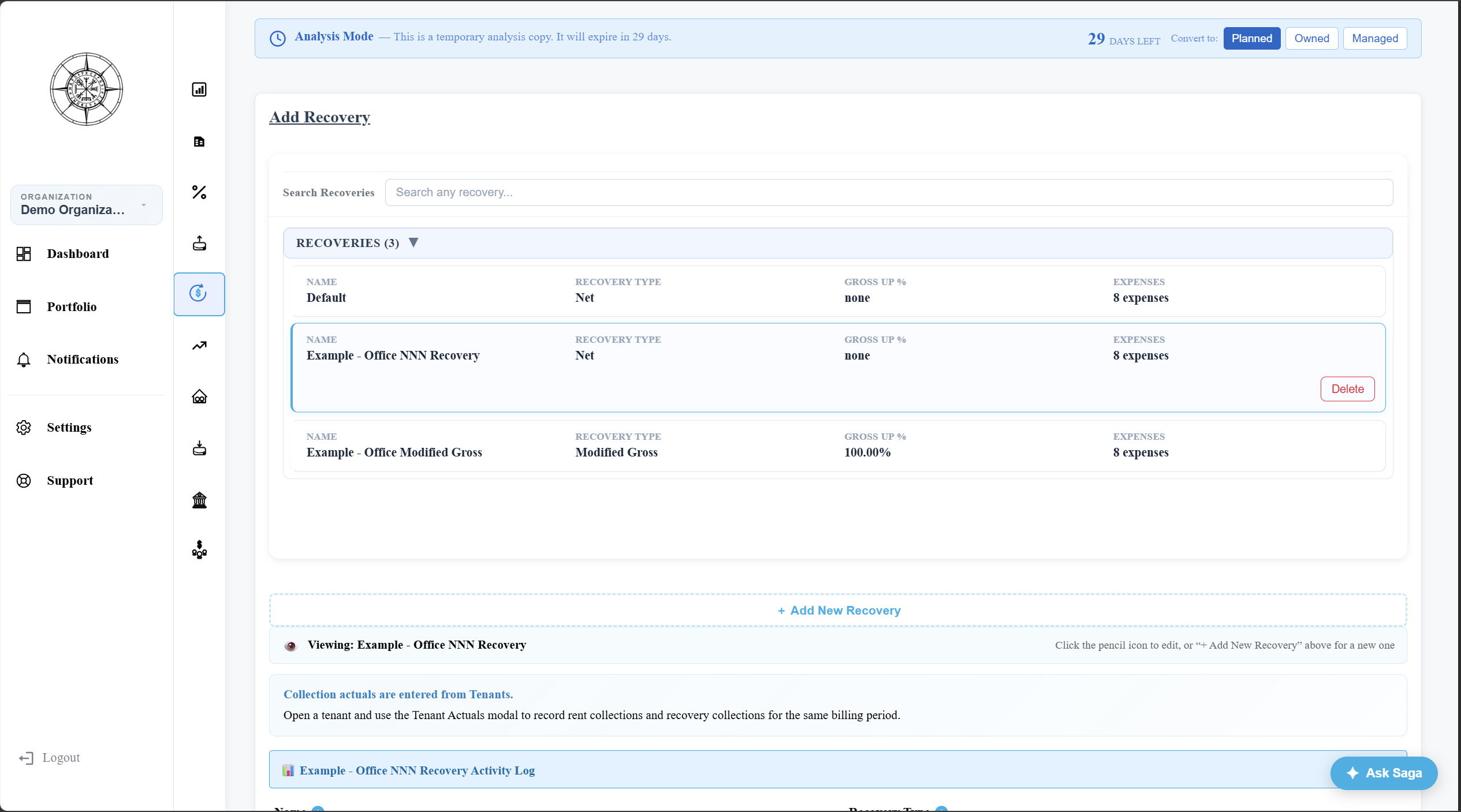 Solsten Recoveries page showing NNN, base year stop, and modified gross recovery configuration with tenant pool and expense documentation
