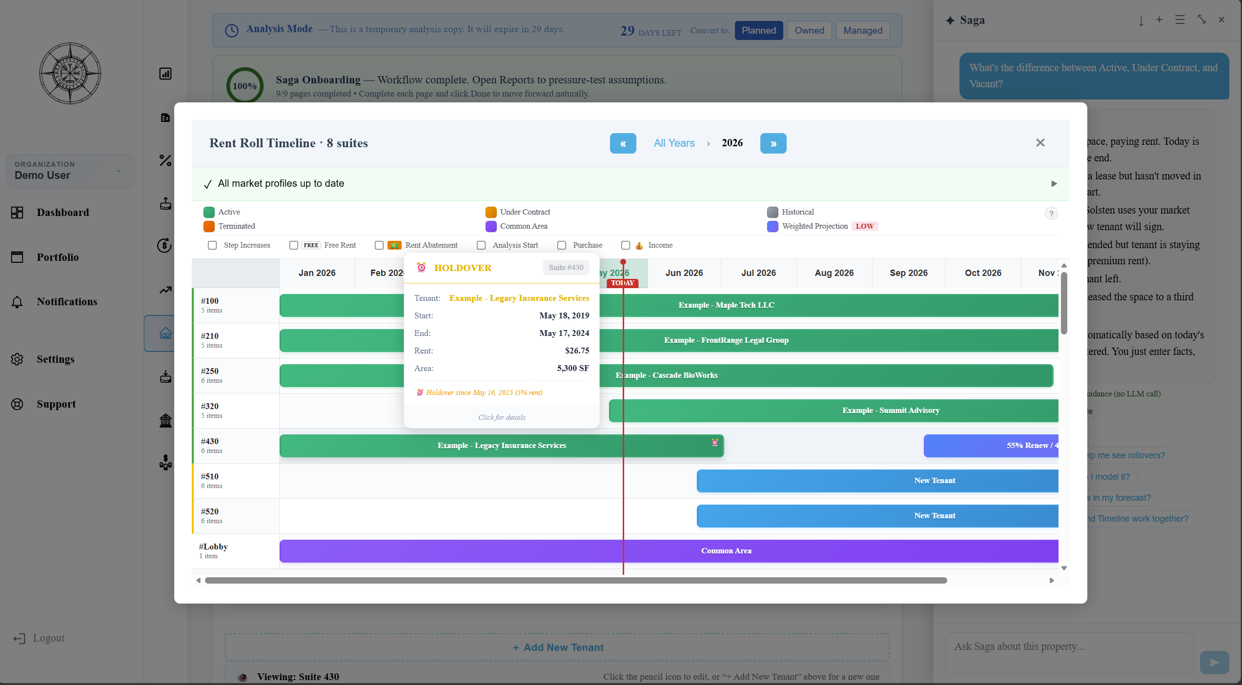 Solsten Rent Roll Timeline showing tenant leases, vacancies, and occupancy projections over the hold period